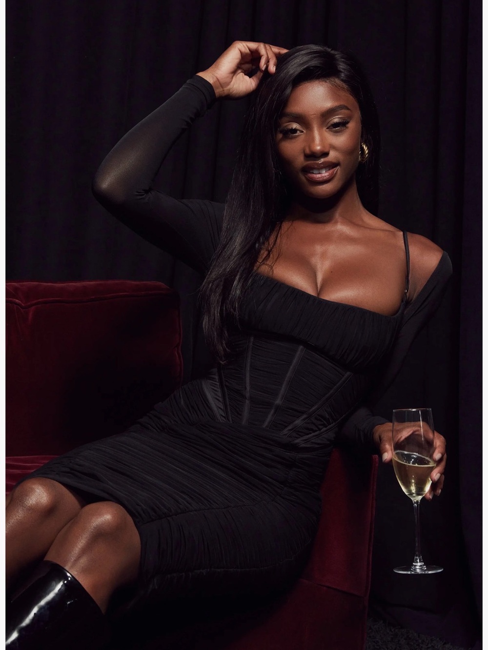 House of CB Freyja Satin Ruched Long Sleeve Body-Con Dress - Picture 5 of 5